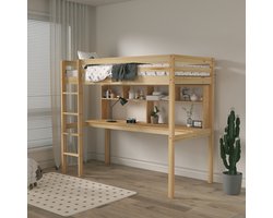 Sunny Sil Hoogslaper – Kinderbed Met Bureau – Met Boekenplank – Met Uitvalbeveiliging en rechte ladder - 208 x 97 x 172 cm – Peuterbed Meisjes en Jongens – FSC 100% Hout – Met Lattenbodem - Exclusief Matras – Naturel