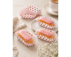 Sunplast Eclair Cake Vormpjes – Papieren Bakvormpjes – wit met Rode Stippen – Wegwerp – Voor Eclairs, Petit Fours & Gebak