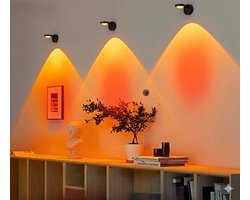 Sunset Wandlamp Binnen - Oplaadbare Dimbare muurlamp - Zonder Boren Zonder Stroom - Spotlight - Touch Control - Draadloos 360° draaibar - Golden Hour Sfeerlamp Warm Sunset Licht - Ideaal als Decoratie, Trapverlichting of Nachtlampje - Zwart