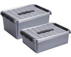 Sunware Opberg boxen 2x stuks - 10 en 15 liter - kunststof - grijs - met deksel - manden - kisten - opslag