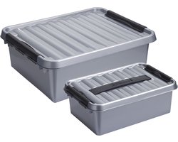 Sunware Opberg boxen 2x stuks - 12 en 25 liter - kunststof - grijs - met deksel - manden - kisten - opslag