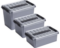 Sunware Opberg boxen - set 3x stuks - 9-6-4 liter - kunststof - grijs - met deksel - opslag manden - kisten