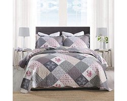 Super Kingsize Lichtgewicht Microvezel Gewatteerde Bedsprei - Omkeerbaar met Elegante Roze Bloemen en Grijs Geruit Patroon, 250x270 cm