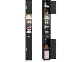 SureDeal® - Badkamerkast - Hoge Smalle - Lades Voorzien Driekleurige - Drie Glazen Planken - 20x20x181 cm - Donkerbruin