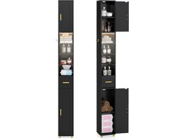 SureDeal® - Badkamerkast - Hoge Smalle - Lades Voorzien Driekleurige - Drie Glazen Planken - 20x20x181 cm - Donkerbruin
