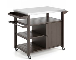SureDeal® - Barbecue - Grillwagen Wielen Grilltafel - Roestvrijstalen Serveerwagen - Planken - Kast - Kruidenrek - 116x50x87 cm - Bruin