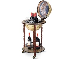SureDeal® - Barwagen Eucalyptushouten Globe - Antieke Wereldbol Wijnbar met Wielen - Italiaans Stijlvol Wijnrek - 45x45x88 cm