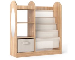 SureDeal® - Boekenkast - Kinderboekenkast - Passpiegel Speelgoedopbergers - Lagen Sling planken - Stoffen Lade Naturel - 87,5x30x90 cm - Naturel