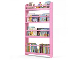 SureDeal® - Boekenplank voor Kinderen, Kinderplank met 4 Legplanken, Wandplank van Hout voor Speelgoed & Boeken, Smalle Montessori Opbergplank voor Kinderkamer, Leeshoek, 56 x 12 x 107 cm (Roze)