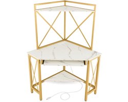 SureDeal® - Bureau met Laadstation - Hoekcomputertafel - Met Toetsenbordplank en 2 Planken - Metalen Frame - Werktafel voor Thuiskantoor - Goud + Wit