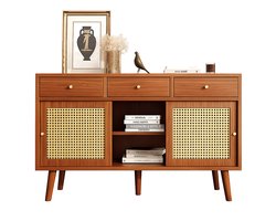 SureDeal® - Dressoir met 3 Lades & Schuifdeuren - 120x40x78 cm - Spaanplaat - Walnoot - Verstelbare Planken - Gouden Handgrepen - Retro vormgeving