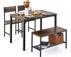 SureDeal® - Eettafel Set - Keukentafel - Twee stoelen - Bankje - Eettafel - 4 Personen - 110x70x76 cm - Ruimtebesparend - Tafel - Woonkamer - Eetkamer - Balkon - Bruin