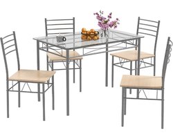 SureDeal® - Eettafel Set - Keukentafel - Vier stoelen - Eettafel - 4 Personen - Roestbestendig - 107x70x76 cm - Tafel - Woonkamer - Eetkamer - Balkon - Glazen Tafelblad