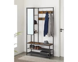 SureDeal® - Garderobekast met Spiegel - Bank -Schoenenrek - 98x35x182 cm - Hout -Staal - Industrieel Design