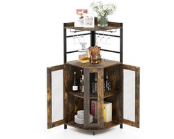SureDeal® - Hoekbarkast Wijnkast Industrieel - Metaal Gaasdeuren - Verstelbare Plank - Anti-Kantelset - 130cm - Rustiek Bruin