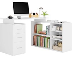 SureDeal® - Hoekbureau L-Vormig met Laden & Planken - 129x104x76 cm - Hout - Wit - Verstelbare Opbergruimte - Voor Studiekamer & Kantoor - Modernee vormgeving