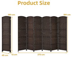 SureDeal® - Kamerscherm - Handgeweven Rotan Scheidingswand - Natuurlijk Houten - 270,5x1,5x180 cm - Koffiebruin