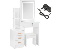 SureDeal® - Kaptafel Met Spiegel -LED Licht - 4 Lades -Opbergruimte - Melamine -MDF - 80x30x130 cm - Wit - Modern Make-up Bureau Met Kruk