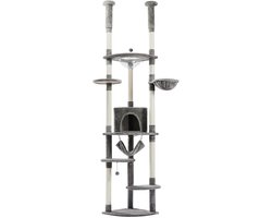 SureDeal® - Krabpaal Vloer tot Plafond – Verstelbaar 5‑laag Kattenhuis – Hout/Sisal – Grijs – Klimtoren met Hangmat, Condo & Krabpalen – Voor Grote Katten