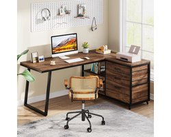 SureDeal® - L-Vormig Computerbureau - 3 Laden - Planken - 53 inch - Industrieel - Rustiek Bruin - Voor Thuiskantoor