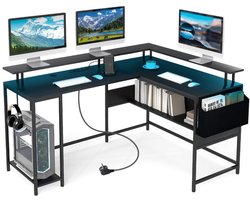 SureDeal® - L-Vormig Gaming Bureau met LED & Stopcontacten - Hout & Metaal - 146x115x85,5 cm - Zwart - Hoek Computertafel