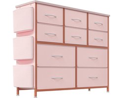 SureDeal® - Ladekast - 10 Laden - Stof -Metaal - 100x30x89 cm - Roze - Met Handvatten - Zijvak -Haak - Voor Slaapkamer -Kinderkamer