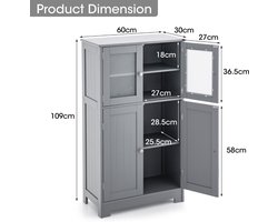 SureDeal® - Ladekast - Deur Badkamer Vloerkast - Glazen Deuren Houten - 58x30x109 cm - Grijs