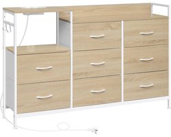SureDeal® - Ladekast met 8 Stoffen Laden - Stopcontacten -USB - Licht Eiken/Wit - 132x88x30 cm - Met Metalen Frame -Opbergruimte