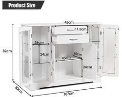 SureDeal® - Ladekast - Opbergkast Buffet Dressoir - Gehard Glazen Deuren - Tafelgerei Opslag Wit - 107x30x82 cm - Wit