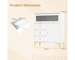 SureDeal® - Ladekast - Slaapkamerkast Moderne Opbergkast - Kantelbare Geribbelde Glazen - Schuifladen Gouden Metalen - 80x40x95,5 cm - Wit