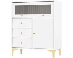 SureDeal® - Ladekast - Slaapkamerkast Moderne Opbergkast - Kantelbare Geribbelde Glazen - Schuifladen Gouden Metalen - 80x40x95,5 cm - Wit