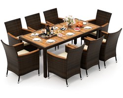 SureDeal® - Loungeset - Luxe Tuinset - 9-Delig - Inclusief Kussens - 8 Personen - Stapelbare Stoelen - Acaciahout - Zwart - Bistroset - Tuinstoelen - Tuintafel - Tuinmeubel