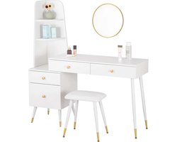 SureDeal® - Make up Tafel - 4 Lades - Bureau - Kast - Met Kruk - 100x40x136.5 cm - Goud - Kaptafel - Organizer - Bureau - Cadeau voor Vrouw