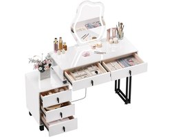 SureDeal® - Make-up Tafel - 90x130x38 cm - MDF -Massief Hout - Wit - LED Spiegel 43x53 -5 cm - 5 Lades - Verstelbare Licht
