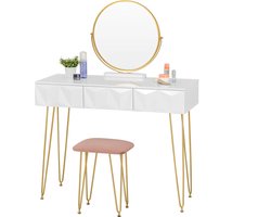 SureDeal® - Make up Tafel - Fluwelen Krukje Roze - Ronde Spiegel - 3 Lades - 100x40x79 cm - Luxe - Goud - Kaptafel - Organizer - Bureau - Cadeau voor Vrouw