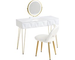 SureDeal® - Make up Tafel - Fluwelen stoel - Spiegel met Verlichting - 3 Lades - 100x40x79 cm - Luxe - Goud - Led Lampen - Kaptafel - Organizer - Bureau - Cadeau voor Vrouw