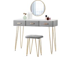 SureDeal® - Make up Tafel - Grijze afwerking - Fluwelen krukje - Ronde Spiegel - 3 Lades - 100x40x77,5 cm - Luxe - Goud - Kaptafel - Organizer - Bureau - Cadeau voor Vrouw