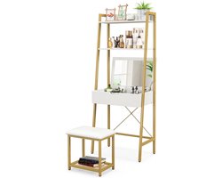 SureDeal® - Make up Tafel - Inklapbare Spiegel - 4 Vakken - Met Kruk - Luxe Uitstraling - Goud - 60x39,5x164,5 cm - Kaptafel - Kast - Organizer - Bureau - Cadeau voor Vrouw