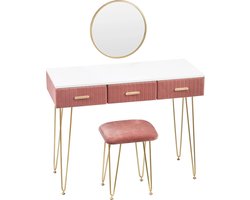 SureDeal® - Make up Tafel - Roze afwerking - Fluwelen krukje - Ronde Spiegel - 3 Lades - 100x40x77,5 cm - Luxe - Goud - Kaptafel - Organizer - Bureau - Cadeau voor Vrouw