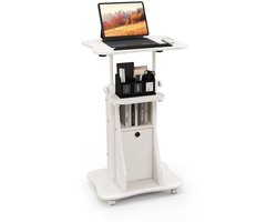 SureDeal® - Mobiele Computertafel met Kantelbaar Bureaublad & Kast - Hout & Metaal - 55x40x114 cm - Wit - Zit Sta Bureau