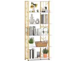 SureDeal® - Moderne Boekenkast met 6 Planken - 80x31x180 cm - Hout & Metaal - Wit/Goud - Geometrisch Design met Anti-Kantelset