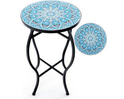 SureDeal® - Mozaïek Bijzettafel Rond 35x55 cm - Metaal & Keramiek - Blauw/Zwart - Buiten Tafel & Plantenstandaard