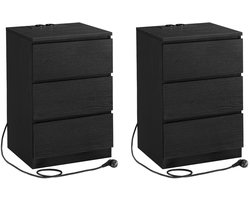 SureDeal® - Nachtkastje 2‑stuks – 3 Lades – 2 USB & 2 Stopcontacten – MDF Hout – Zwart – 35×40×59 cm (D×B×H) – Modern Design – Voor Slaapkamer – Met Laadstation