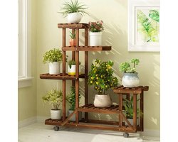 SureDeal® - Plantenrek - Vakkenkast - Verplaatsbaar - Wielen - Binnen en Buiten - Grenenhout - 6 Vakken - 95x26x96 cm - Kantoor - Huiskamer - Tuin - Dressoir