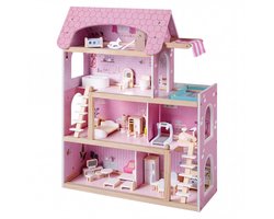 SureDeal® - Rollenspell - Kinderen Houten Poppenhuis - Meubels DIY Speelhuis - Balkon - Zwembad Poppenhuis Roze - 63x25x78 cm - Roze