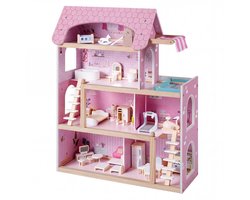 SureDeal® - Rollenspell - Kinderen Houten Poppenhuis - Meubels DIY Speelhuis - Balkon - Zwembad Poppenhuis Roze - 63x25x78 cm - Roze