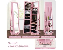 SureDeal® - Sieradenkast - Graden Draaibare Juwelenkast - Groot Formaat Spiegel - 39x39x161 cm - Roze