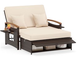 SureDeal® - Tuinstoel - Gestoffeerde Rotan Loveseat - Opberg Voetenbank Dubbele - 164x119x72 cm - Bruin