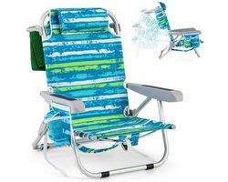SureDeal® - Tuinstoel - Strandstoel - Verstelbare Rugleuning Standen - Bekerhouder Opbergvakken Schouderriemen - Groen - 66x65x78 cm - Blauw
