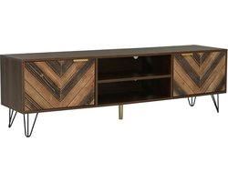 SureDeal® - TV-Kast Met Twee Deuren - Massief Houten Fineer Deuren - Twee Compartimenten - Laag Paneel - Gouden Handvatten - IJzeren Voeten - 160x38x48 cm